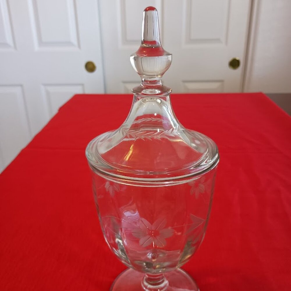 Etched, Floral Glass Footed Pedestal Covered Apothecary Candy Jar